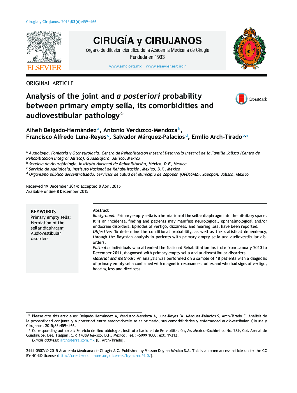 Analysis of the joint and a posteriori probability between primary empty sella, its comorbidities and audiovestibular pathology 