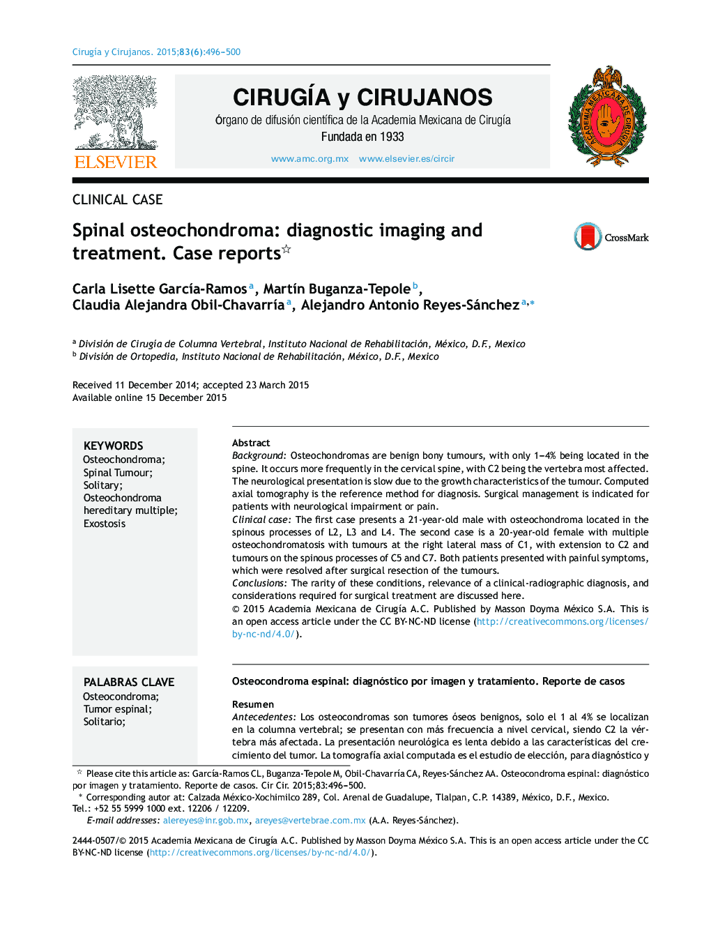 Spinal osteochondroma: diagnostic imaging and treatment. Case reports 