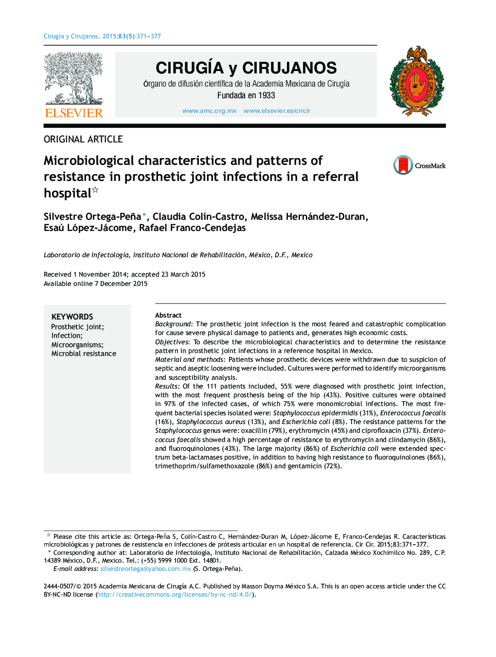 Microbiological characteristics and patterns of resistance in prosthetic joint infections in a referral hospital 