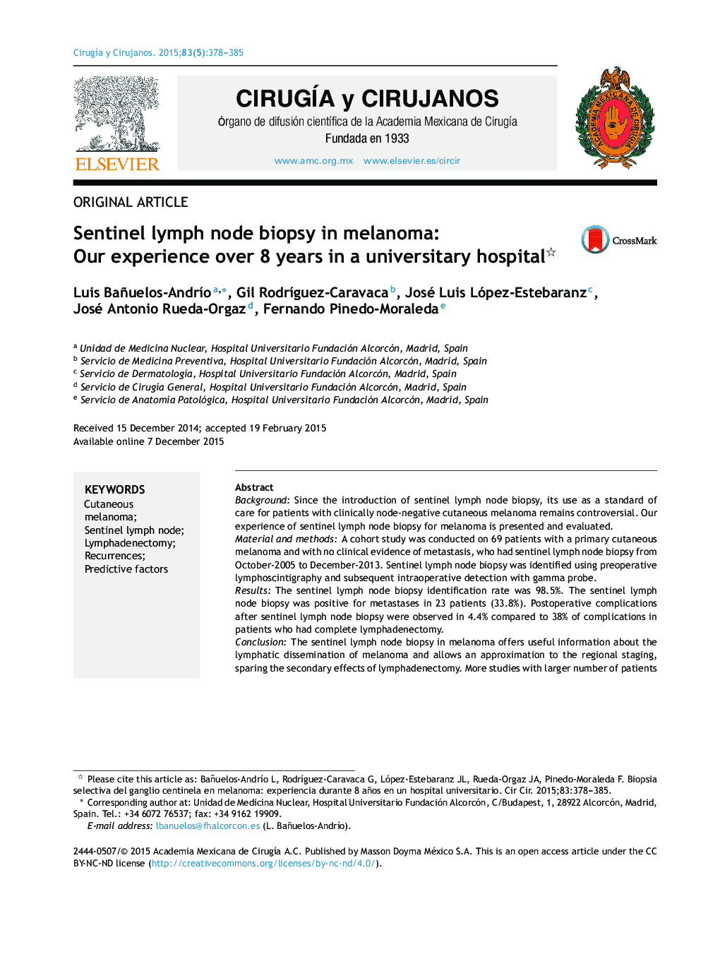 Sentinel lymph node biopsy in melanoma: Our experience over 8 years in a universitary hospital 