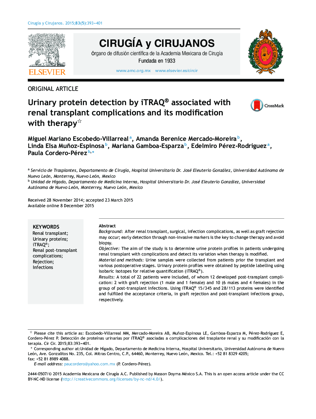 Urinary protein detection by iTRAQ® associated with renal transplant complications and its modification with therapy 