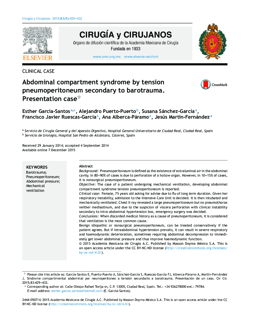 Abdominal compartment syndrome by tension pneumoperitoneum secondary to barotrauma. Presentation case 