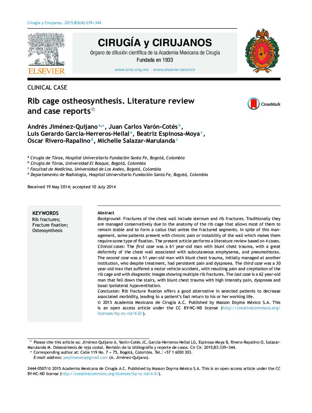 Rib cage ostheosynthesis. Literature review and case reports 