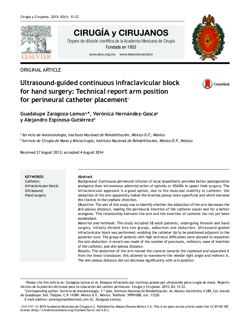 Ultrasound-guided continuous infraclavicular block for hand surgery: Technical report arm position for perineural catheter placement1