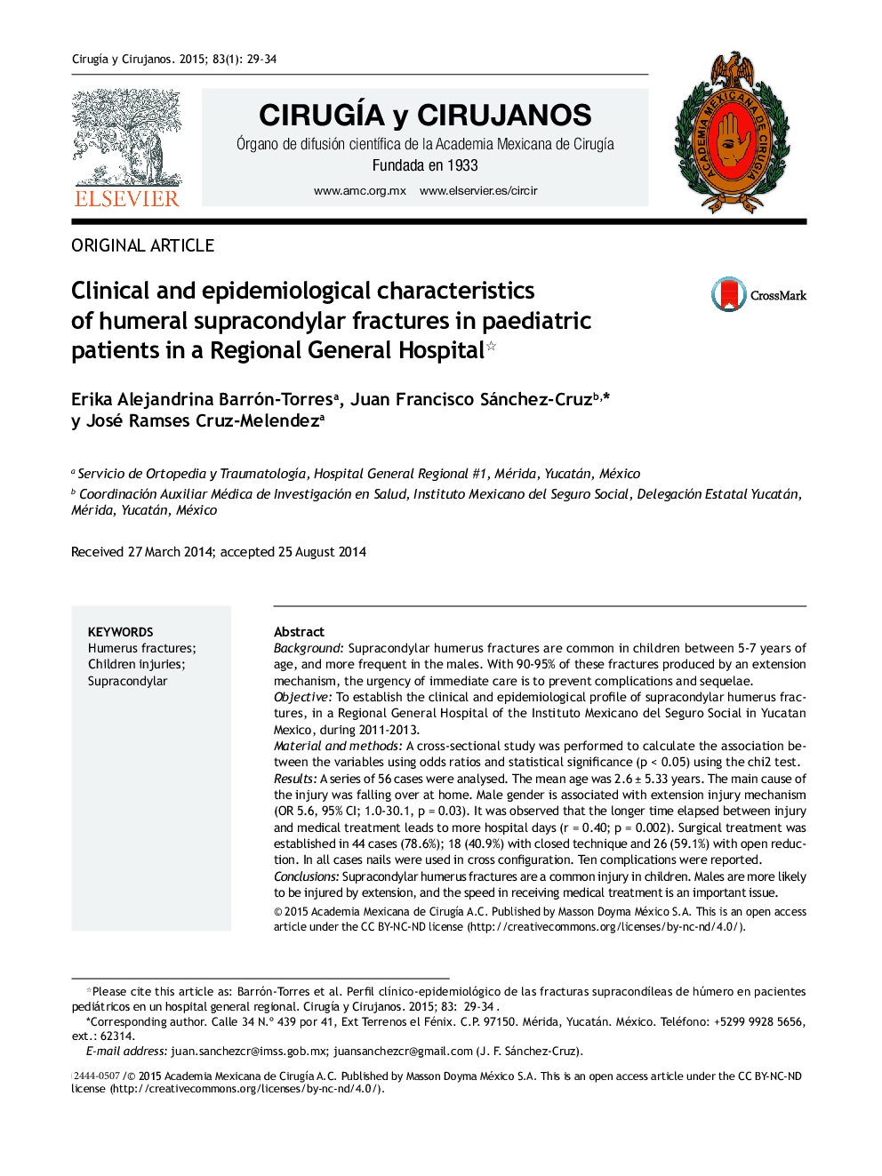 Clinical and epidemiological characteristics of humeral supracondylar fractures in paediatric patients in a Regional General Hospital1