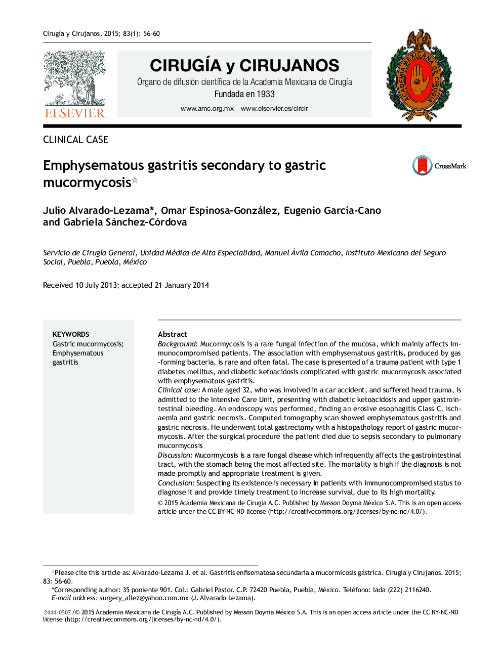 Emphysematous gastritis secondary to gastric mucormycosis 