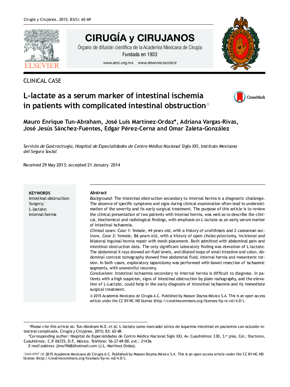 L-lactate as a serum marker of intestinal ischemia in patients with complicated intestinal obstruction 