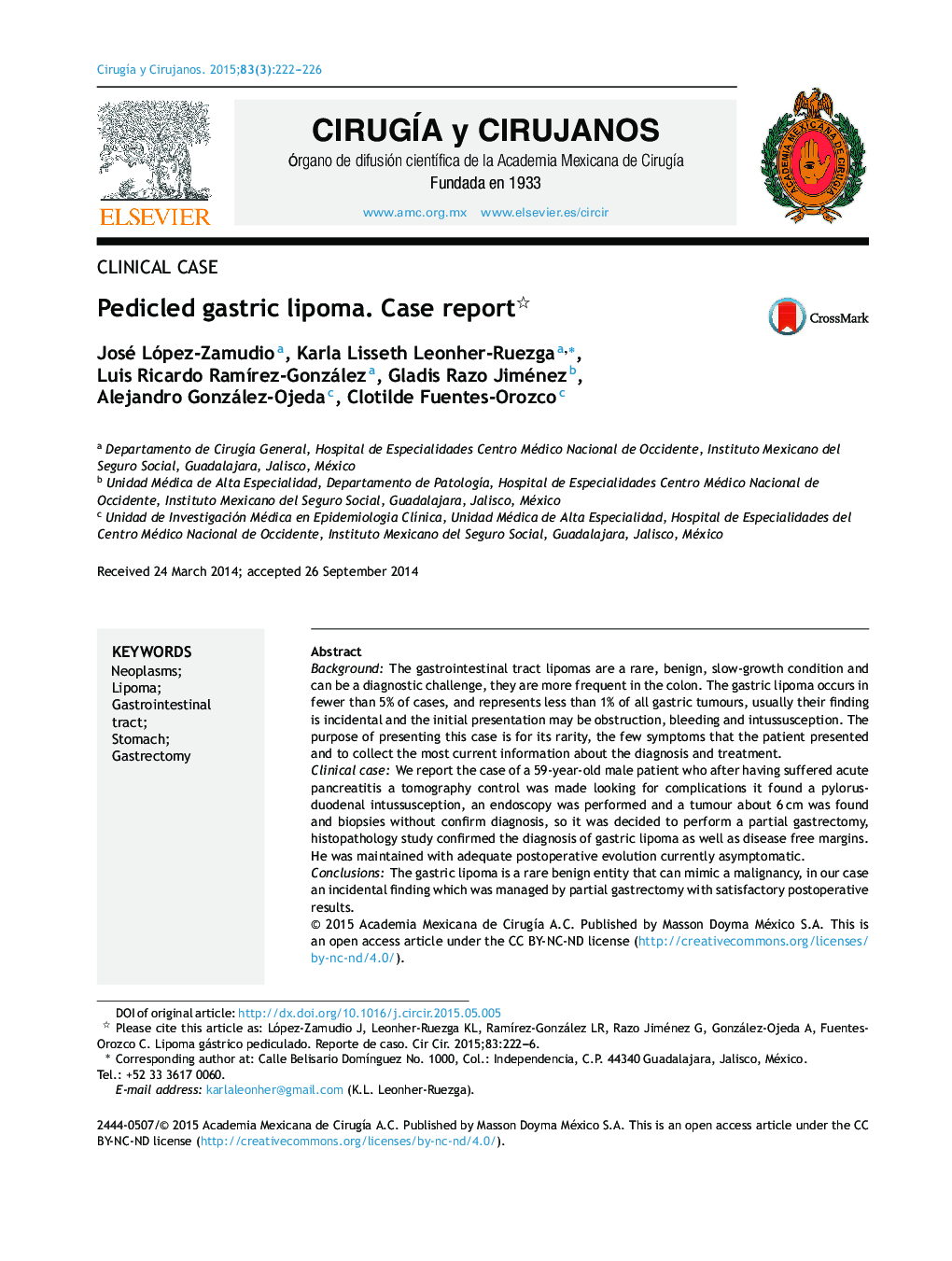 Pedicled gastric lipoma. Case report 