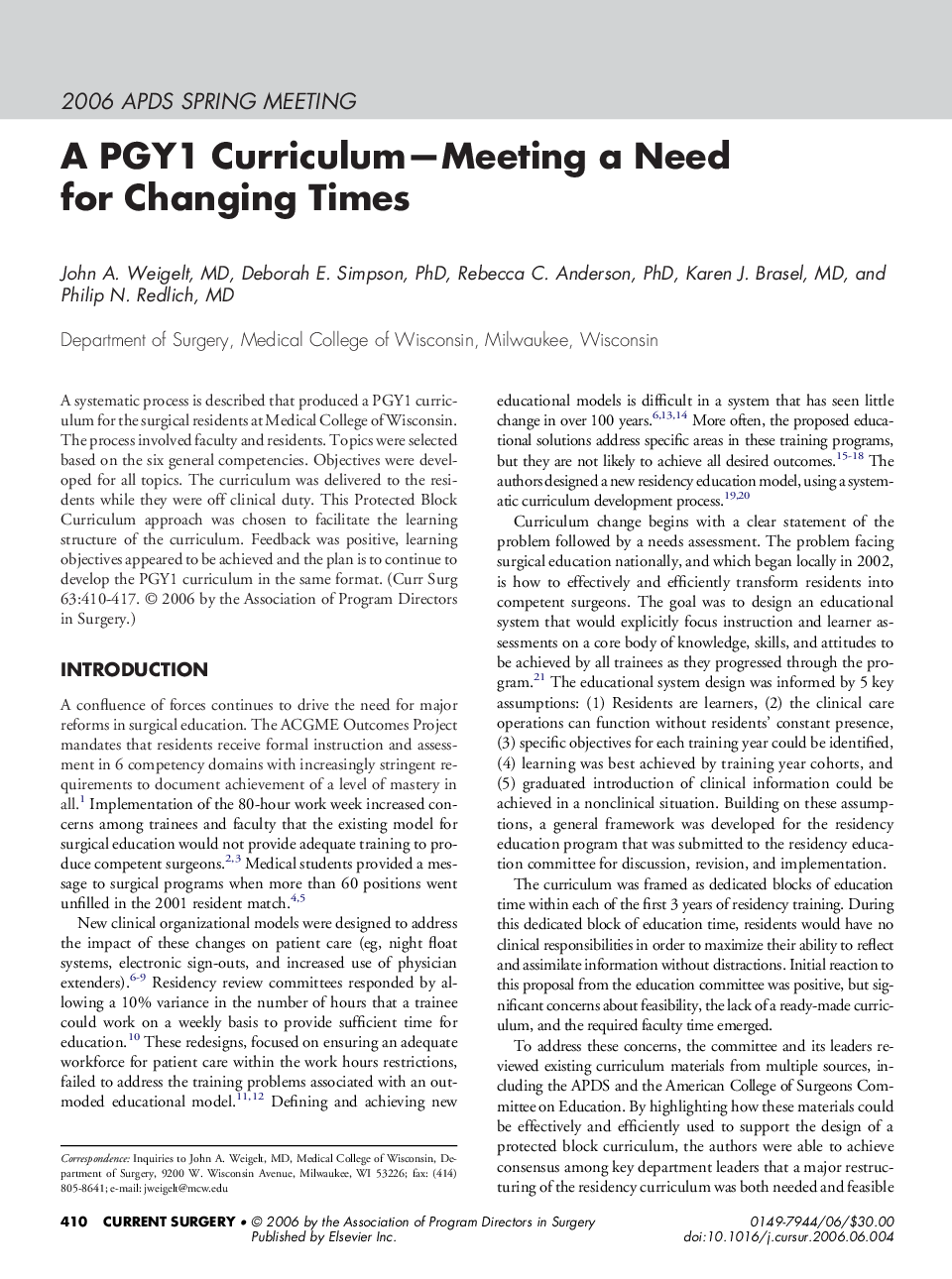 A PGY1 Curriculum—Meeting a Need for Changing Times