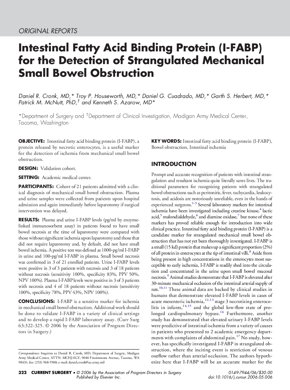 Intestinal Fatty Acid Binding Protein (I-FABP) for the Detection of Strangulated Mechanical Small Bowel Obstruction