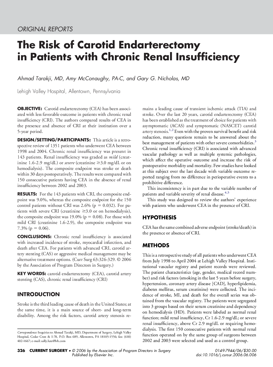 The Risk of Carotid Endarterectomy in Patients with Chronic Renal Insufficiency