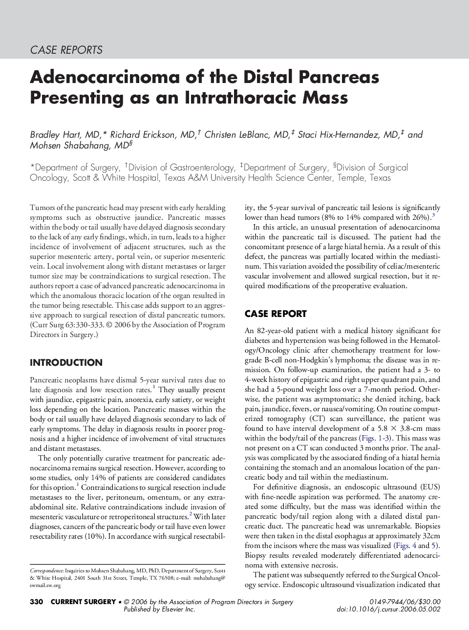 عکس صفحه اول مقاله: Adenocarcinoma of the Distal Pancreas Presenting as an Intrathoracic Mass Adenocarcinoma of the Distal Pancreas Presenting as an Intrathoracic Mass