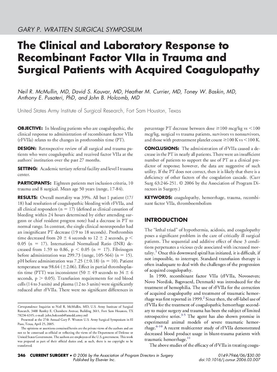 The Clinical and Laboratory Response to Recombinant Factor VIIa in Trauma and Surgical Patients with Acquired Coagulopathy 