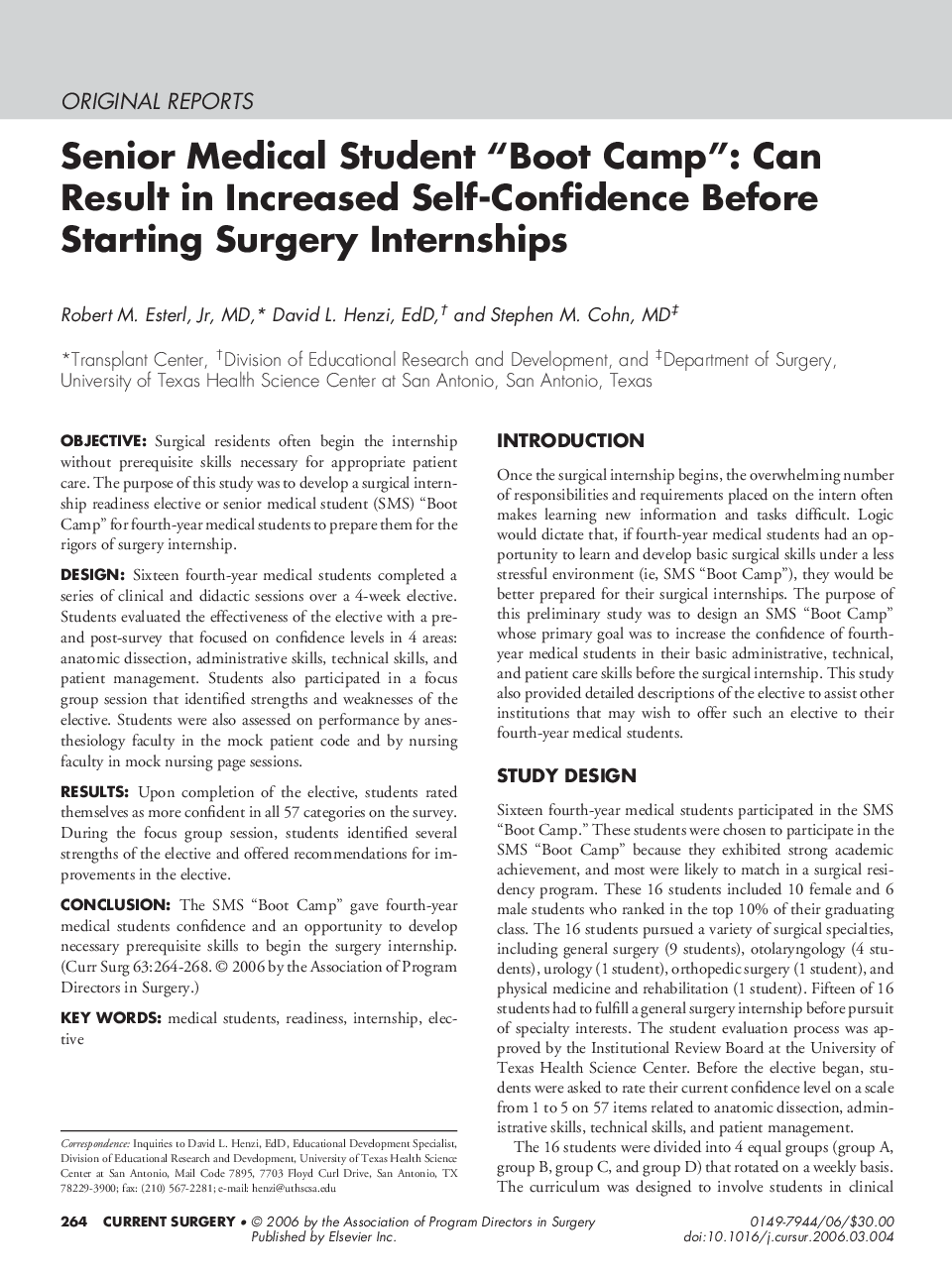 Senior Medical Student “Boot Camp”: Can Result in Increased Self-Confidence Before Starting Surgery Internships