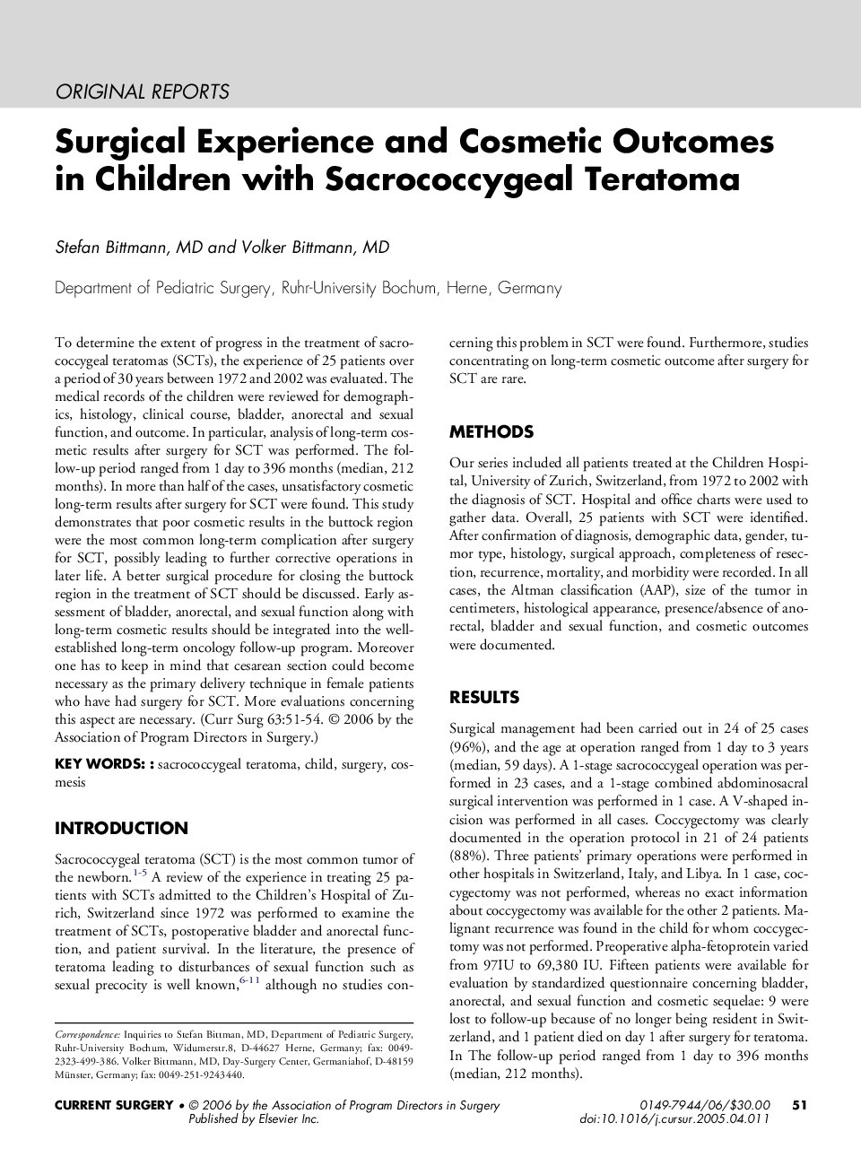 Surgical Experience and Cosmetic Outcomes in Children with Sacrococcygeal Teratoma