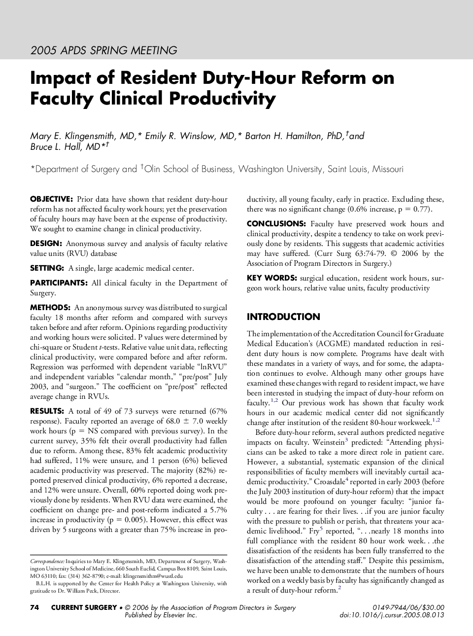 Impact of Resident Duty-Hour Reform on Faculty Clinical Productivity 