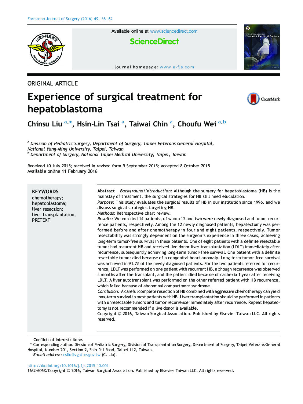 Experience of surgical treatment for hepatoblastoma 