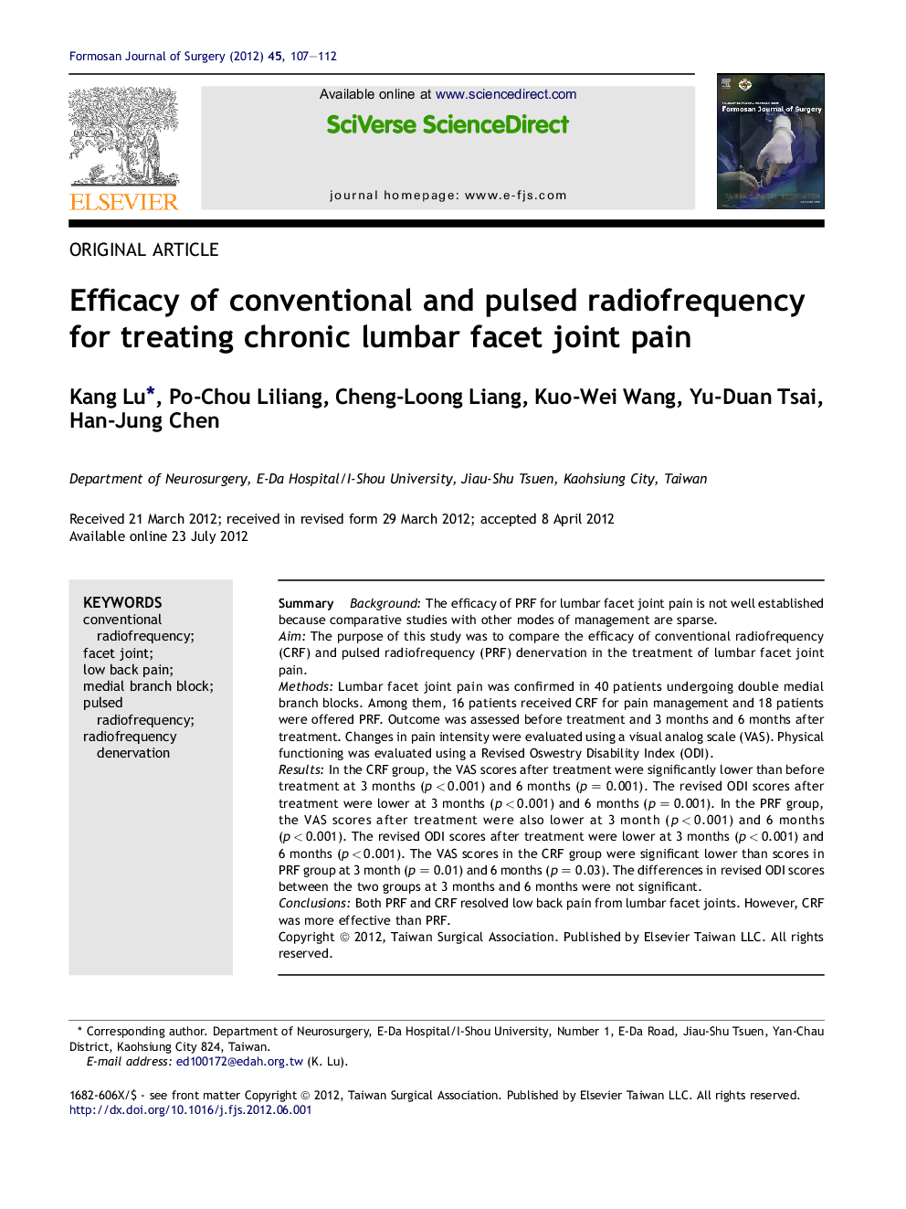 Efficacy of conventional and pulsed radiofrequency for treating chronic lumbar facet joint pain