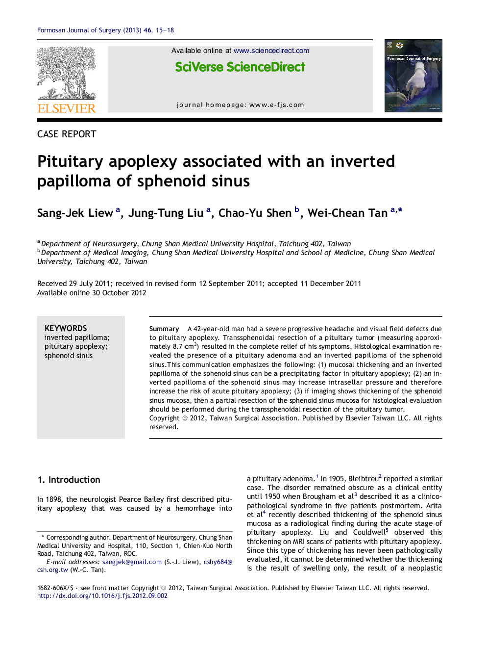 Pituitary apoplexy associated with an inverted papilloma of sphenoid sinus