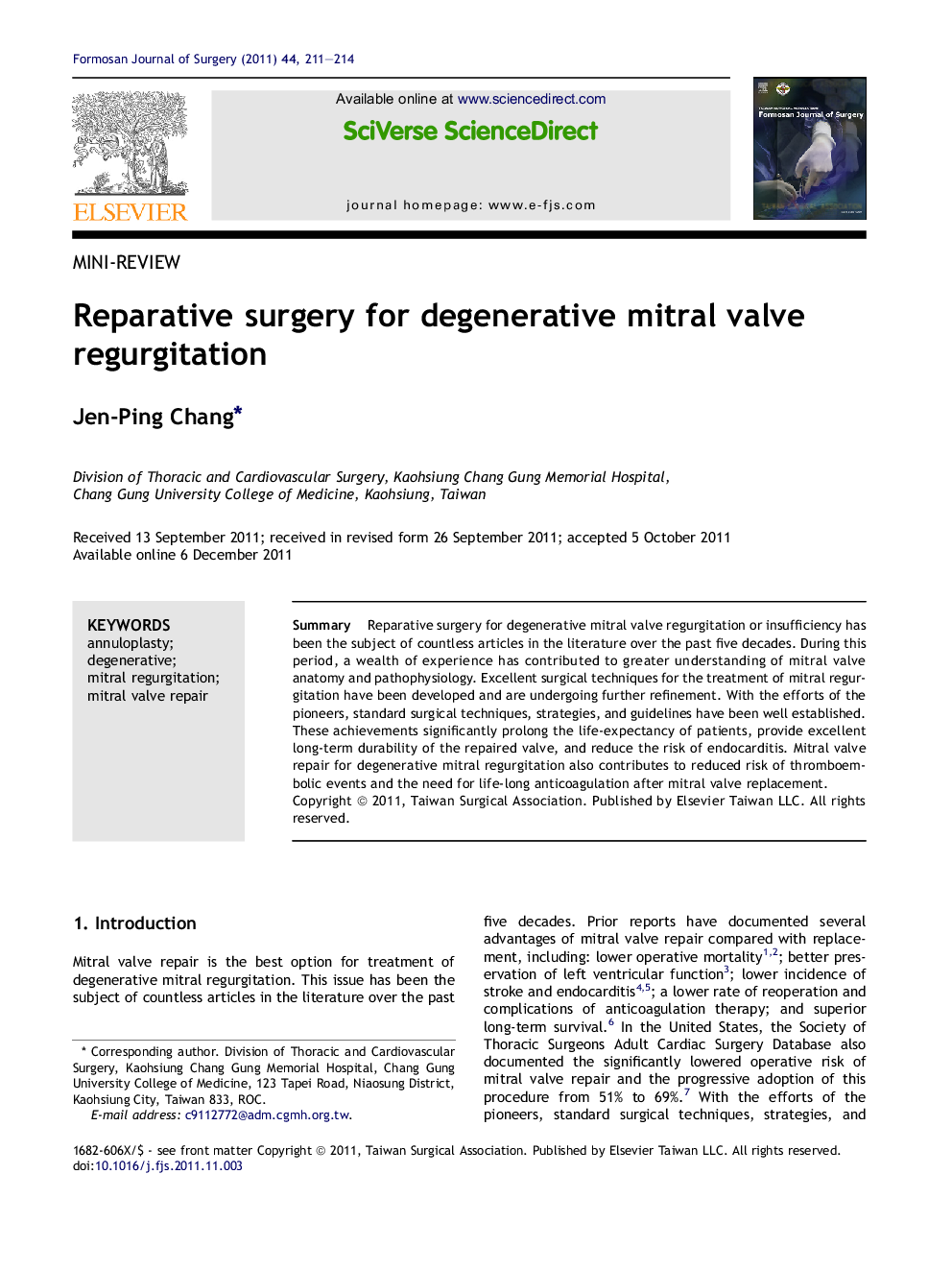 Reparative surgery for degenerative mitral valve regurgitation