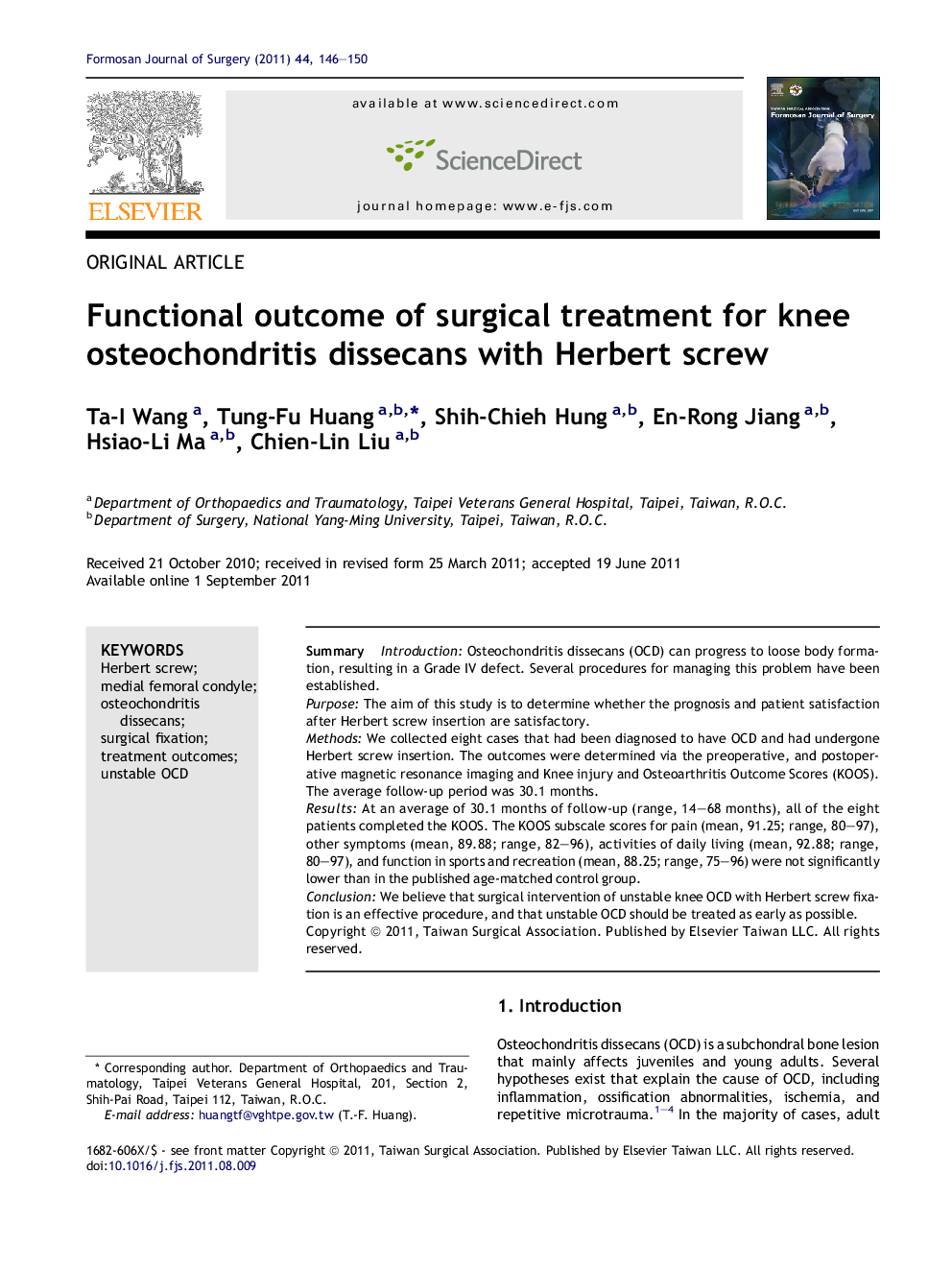 Functional outcome of surgical treatment for knee osteochondritis dissecans with Herbert screw