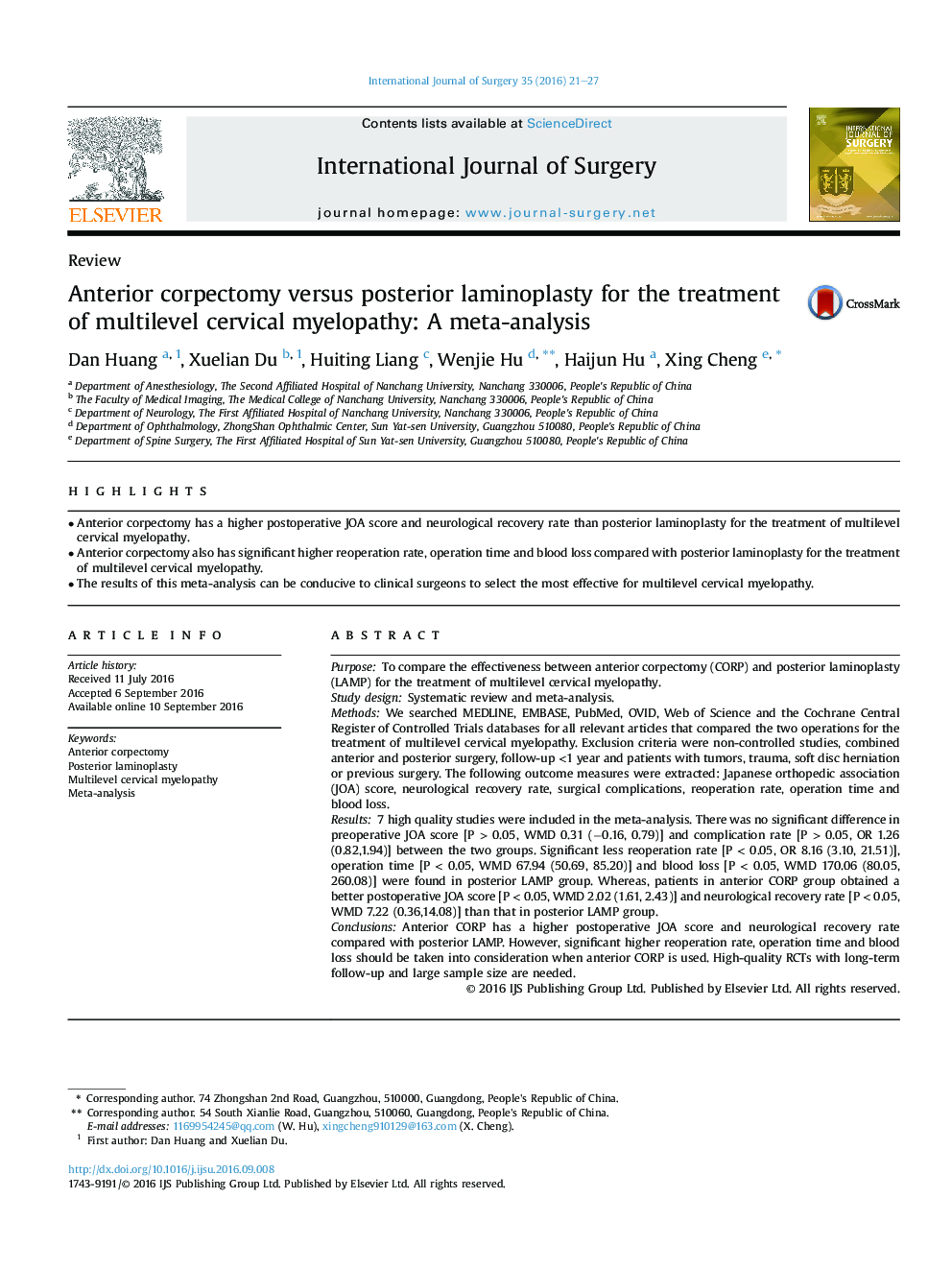 Anterior corpectomy versus posterior laminoplasty for the treatment of multilevel cervical myelopathy: A meta-analysis