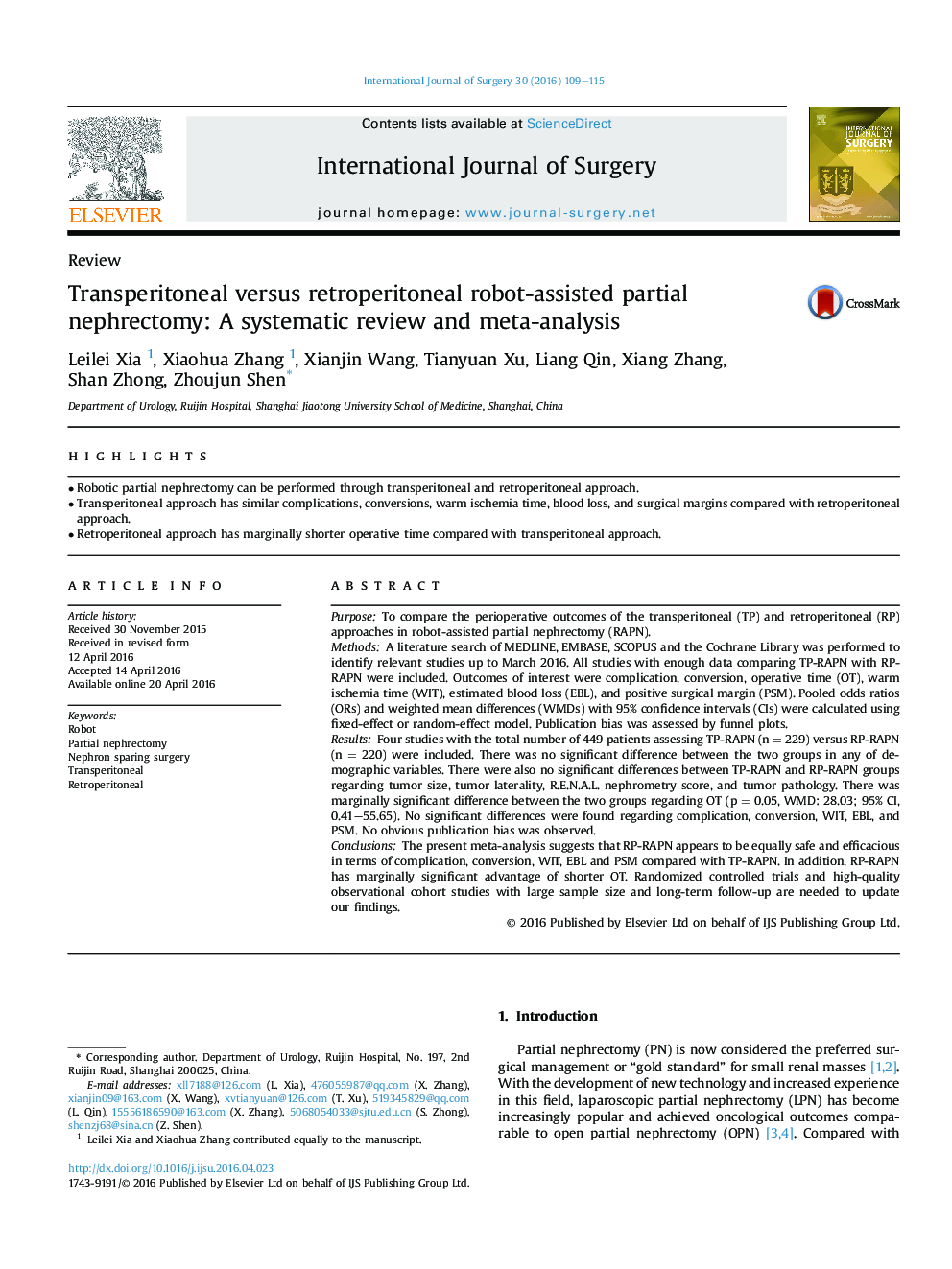 Transperitoneal versus retroperitoneal robot-assisted partial nephrectomy: A systematic review and meta-analysis