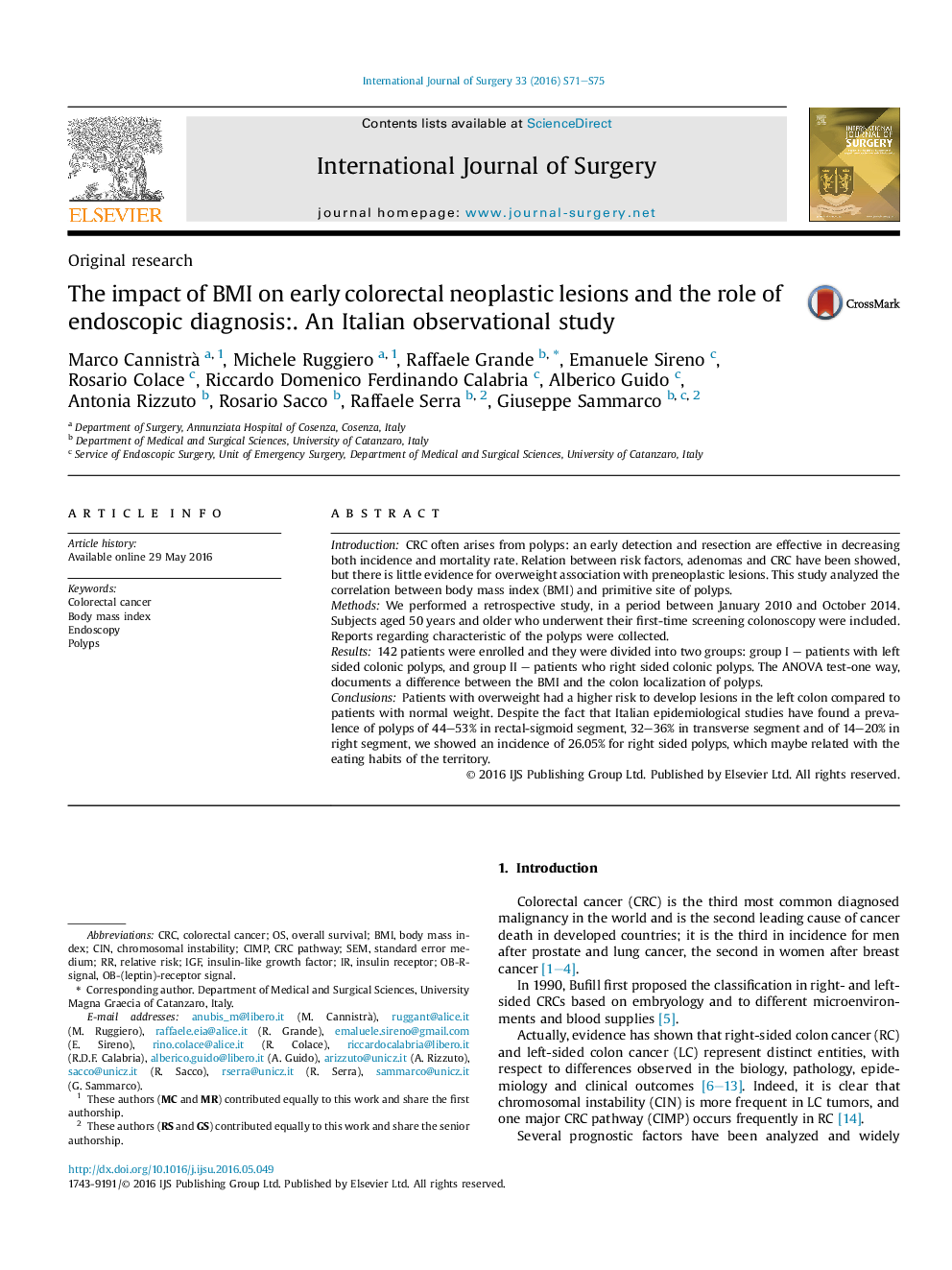 The impact of BMI on early colorectal neoplastic lesions and the role of endoscopic diagnosis:. An Italian observational study