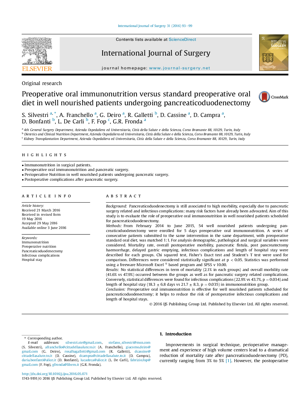 Preoperative oral immunonutrition versus standard preoperative oral diet in well nourished patients undergoing pancreaticoduodenectomy