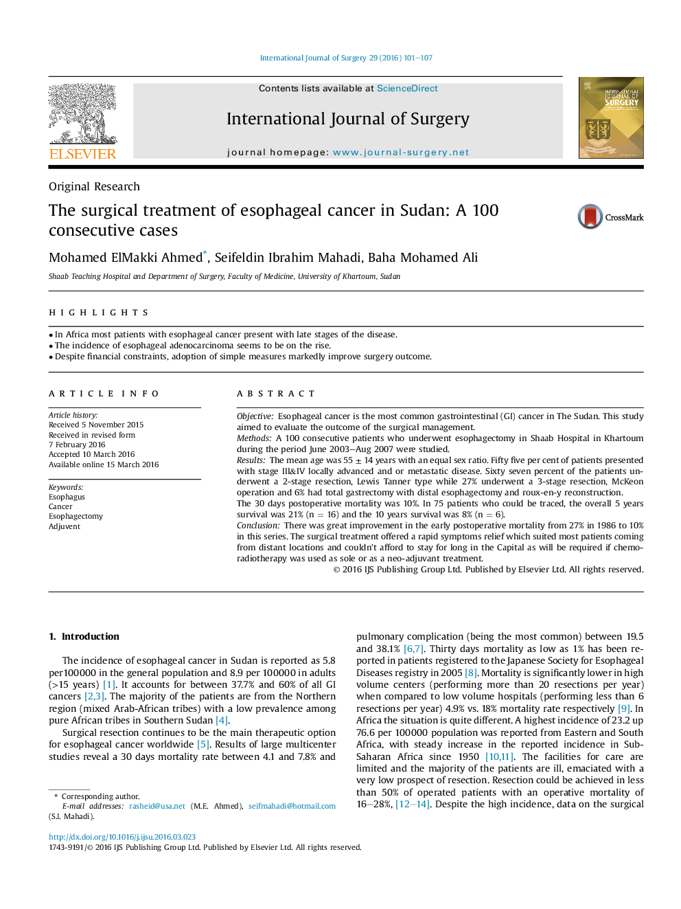 The surgical treatment of esophageal cancer in Sudan: A 100 consecutive cases