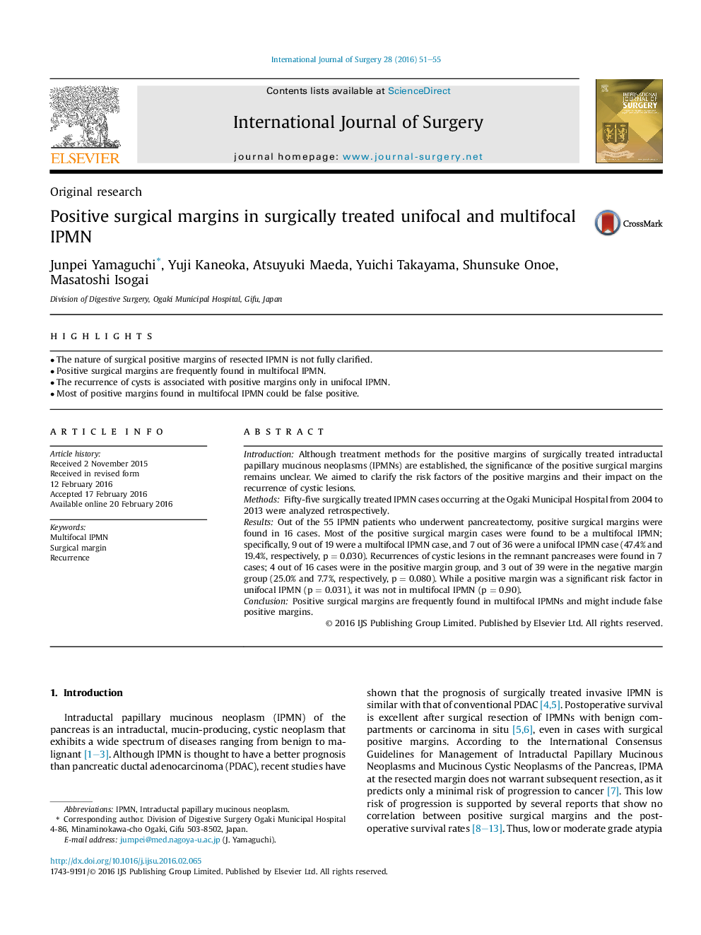 Positive surgical margins in surgically treated unifocal and multifocal IPMN