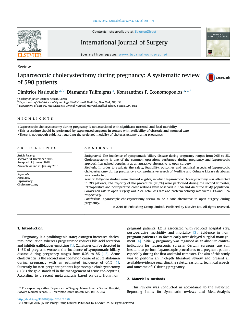 Laparoscopic cholecystectomy during pregnancy: A systematic review of 590 patients