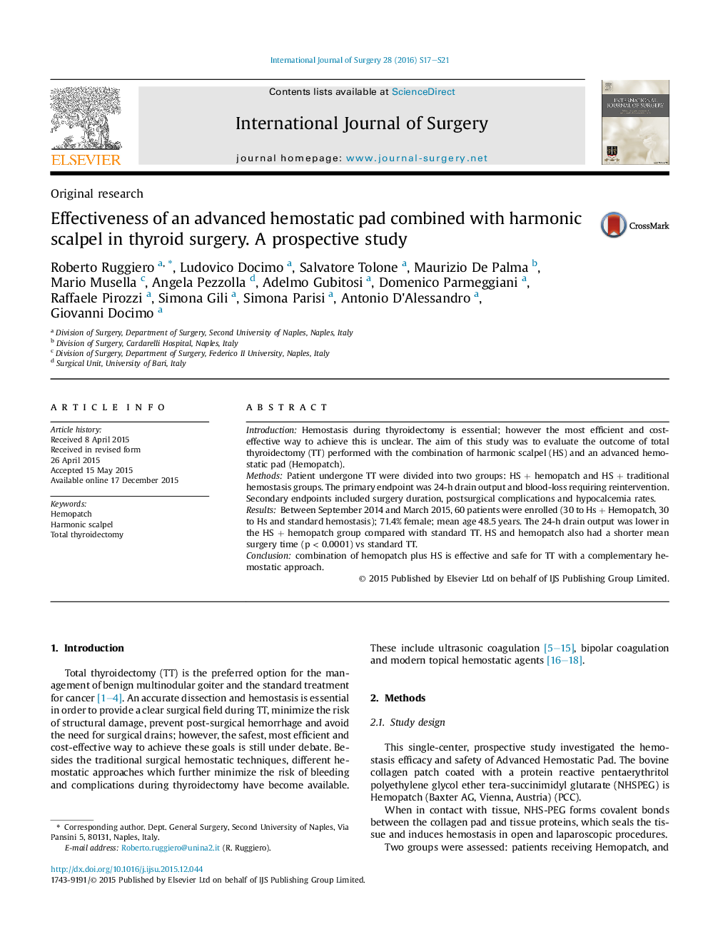 Effectiveness of an advanced hemostatic pad combined with harmonic scalpel in thyroid surgery. A prospective study