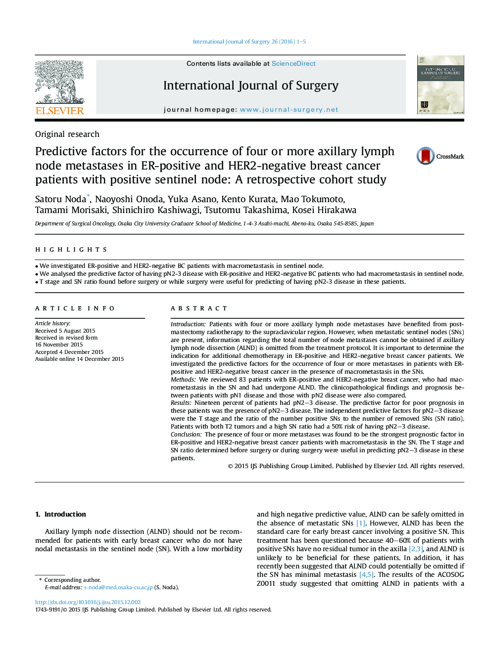Predictive factors for the occurrence of four or more axillary lymph node metastases in ER-positive and HER2-negative breast cancer patients with positive sentinel node: A retrospective cohort study