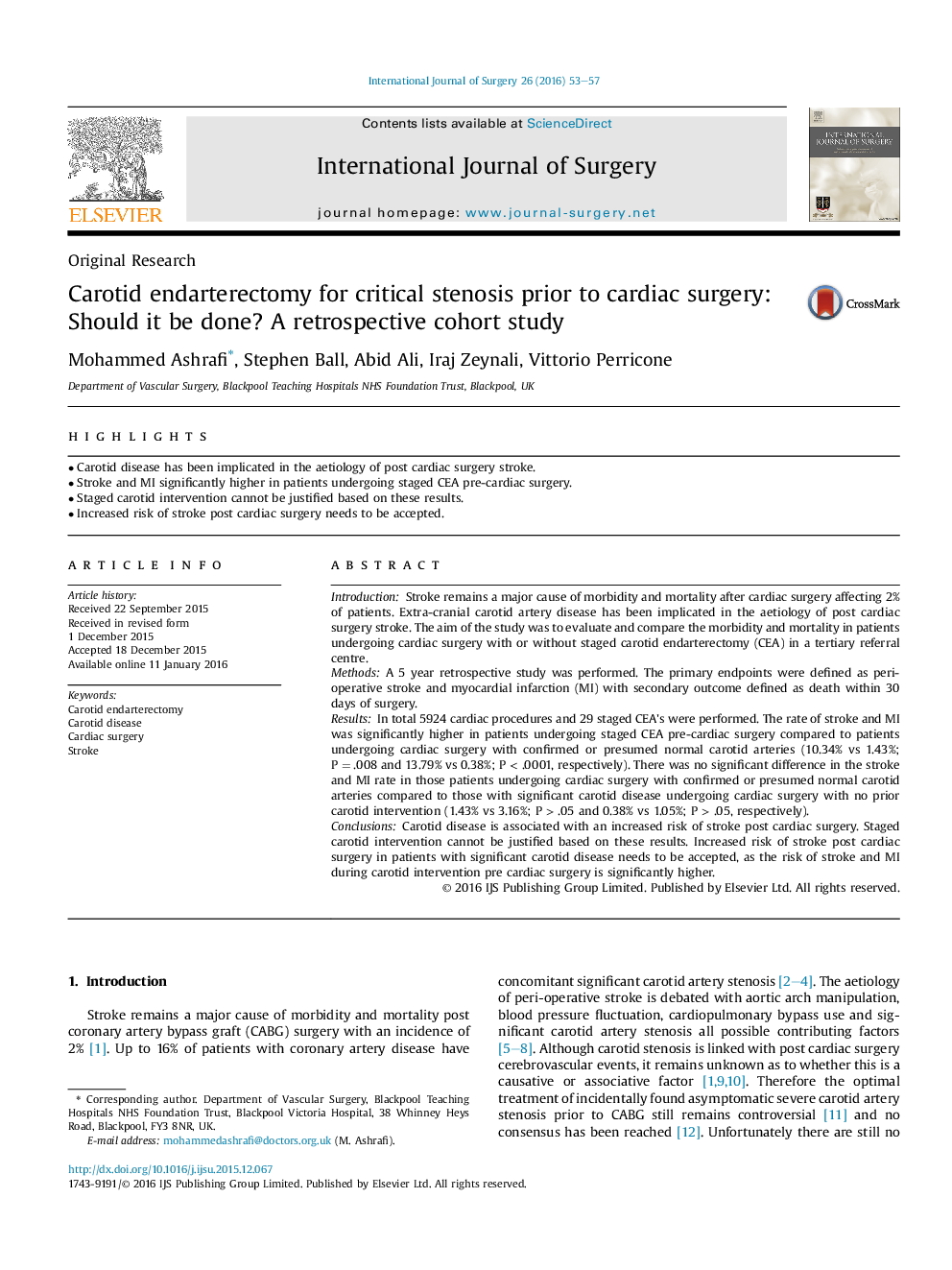 Carotid endarterectomy for critical stenosis prior to cardiac surgery: Should it be done? A retrospective cohort study