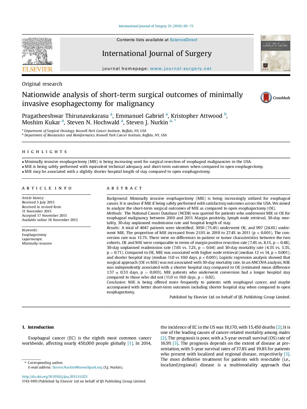 Nationwide analysis of short-term surgical outcomes of minimally invasive esophagectomy for malignancy