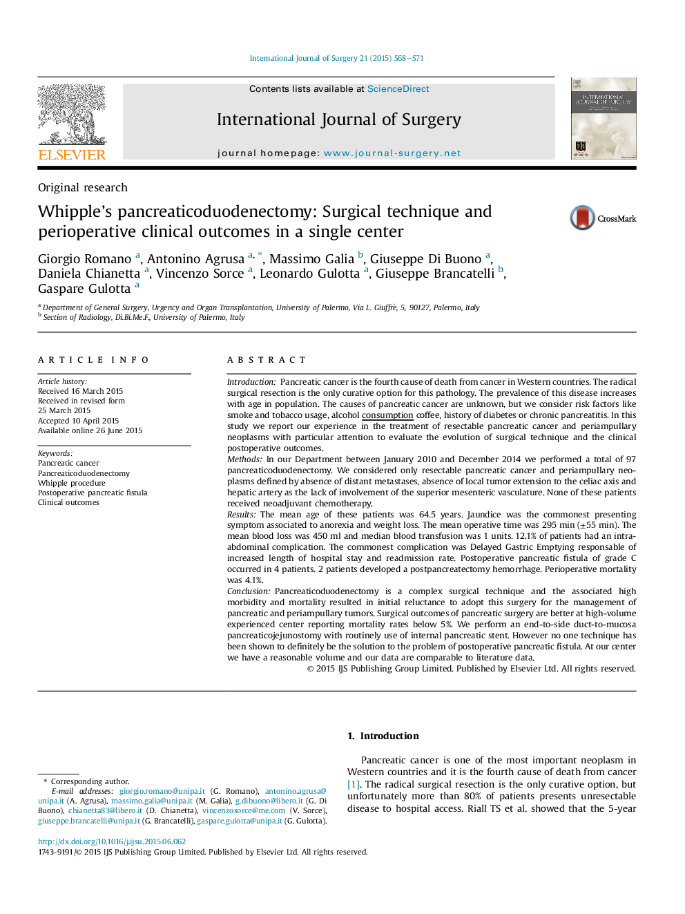 Whipple’s pancreaticoduodenectomy: Surgical technique and perioperative clinical outcomes in a single center