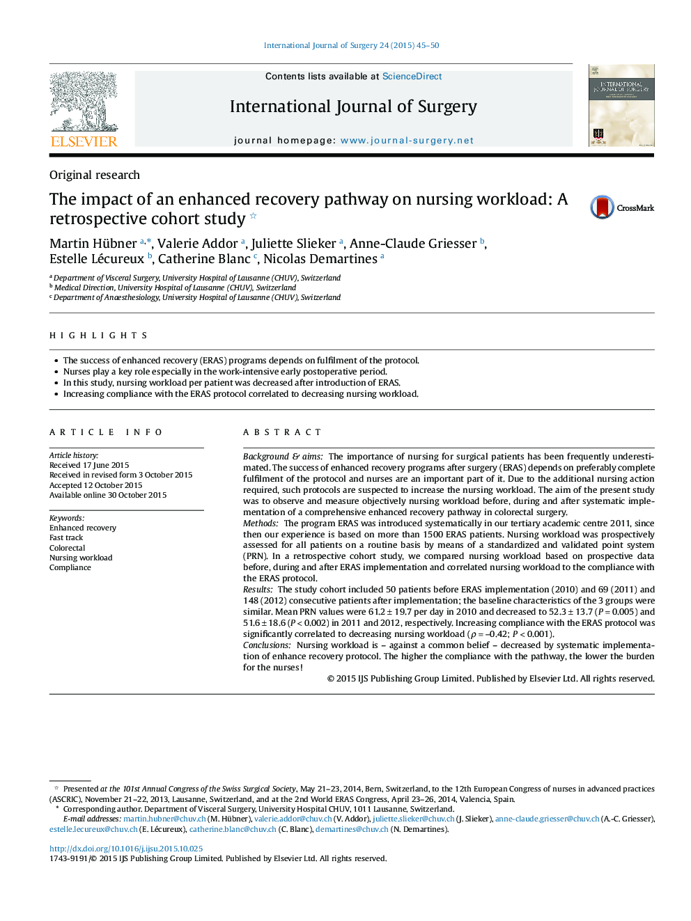 The impact of an enhanced recovery pathway on nursing workload: A retrospective cohort study 