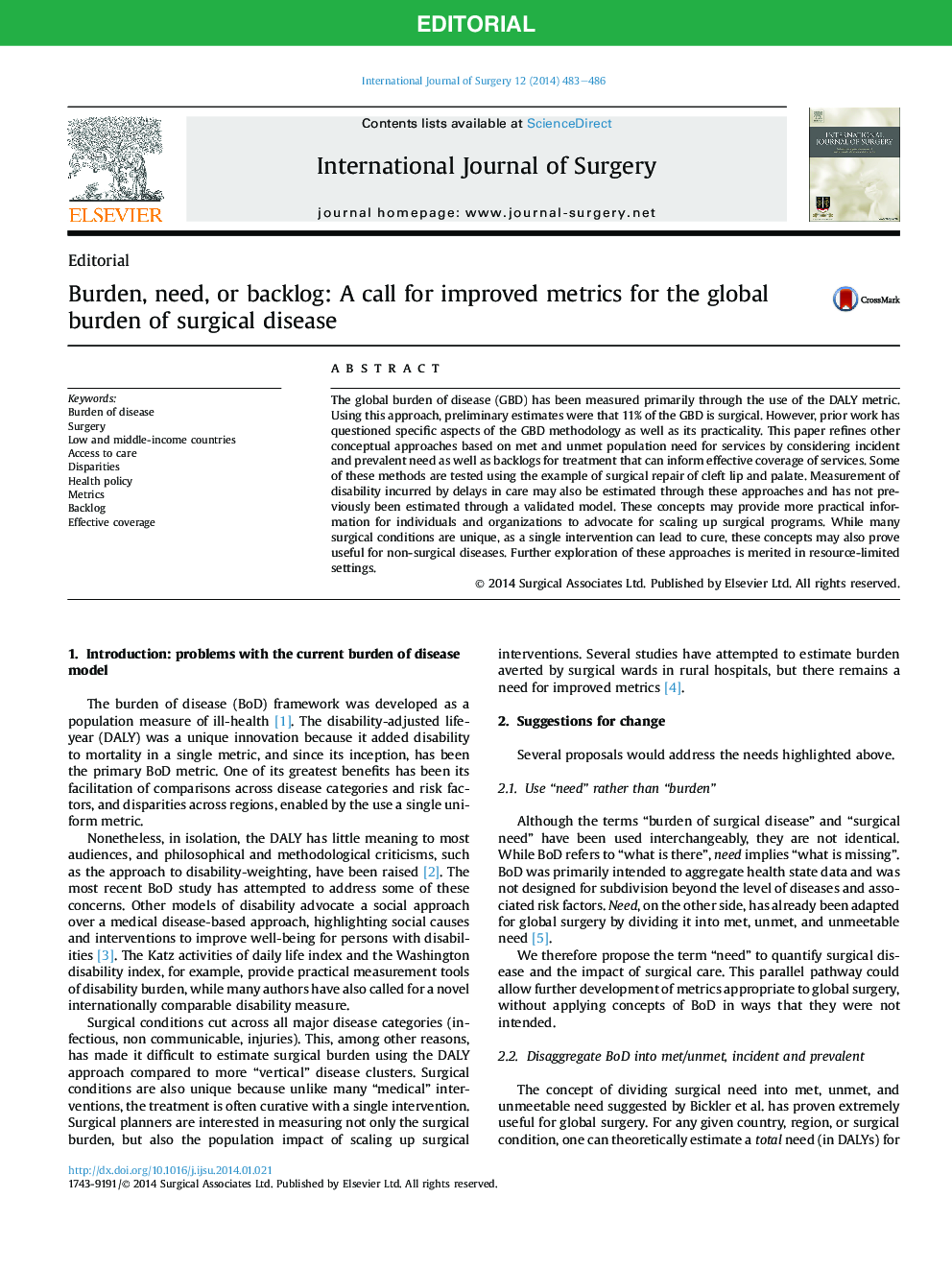 Burden, need, or backlog: A call for improved metrics for the global burden of surgical disease