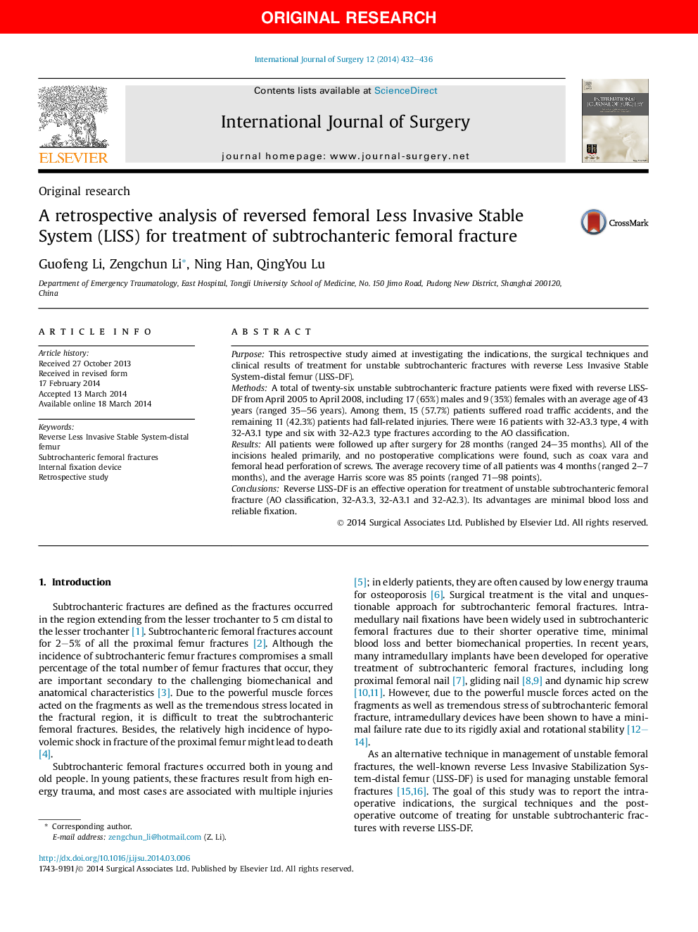 A retrospective analysis of reversed femoral Less Invasive Stable System (LISS) for treatment of subtrochanteric femoral fracture