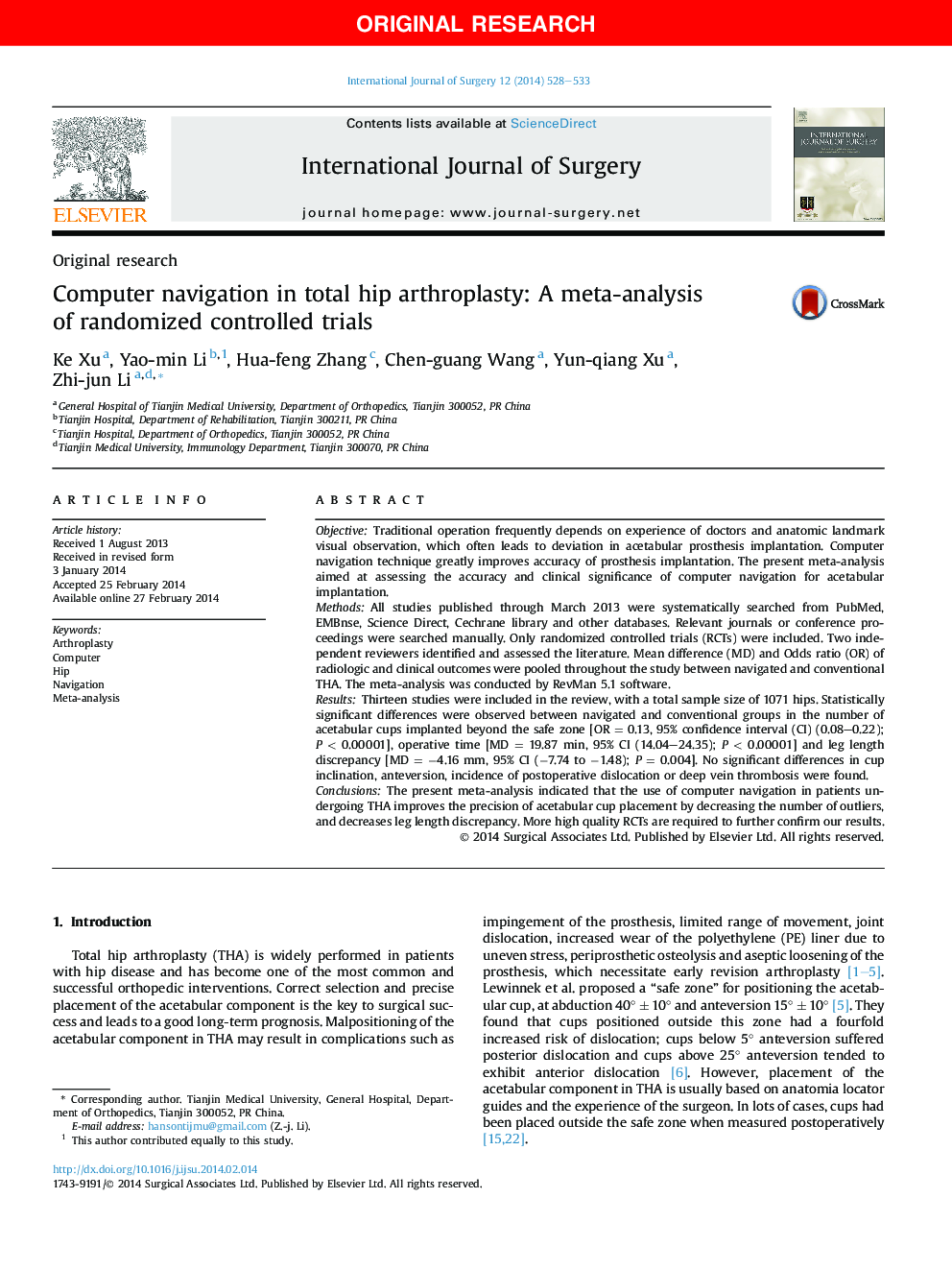 Computer navigation in total hip arthroplasty: A meta-analysis of randomized controlled trials