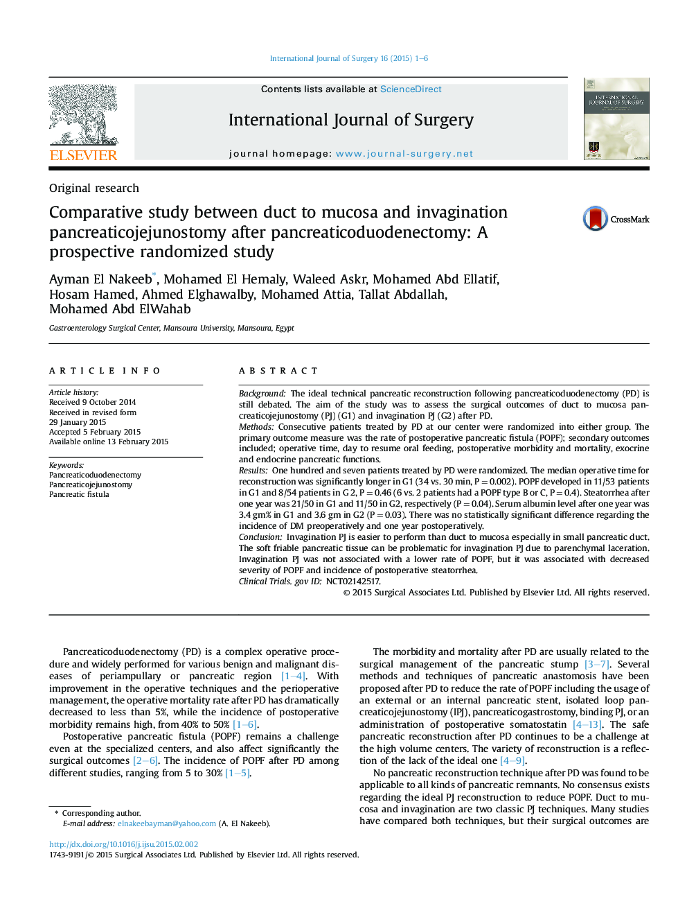 Comparative study between duct to mucosa and invagination pancreaticojejunostomy after pancreaticoduodenectomy: A prospective randomized study