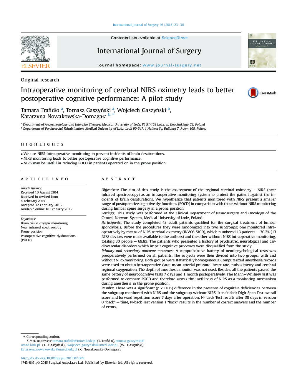 Intraoperative monitoring of cerebral NIRS oximetry leads to better postoperative cognitive performance: A pilot study