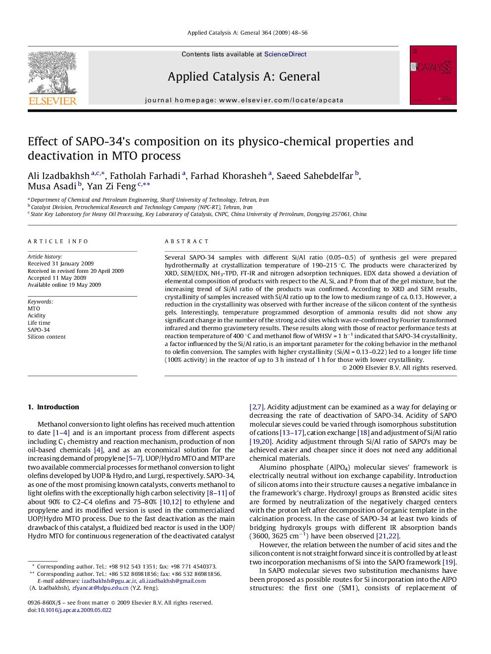 Effect of SAPO-34's composition on its physico-chemical properties and deactivation in MTO process