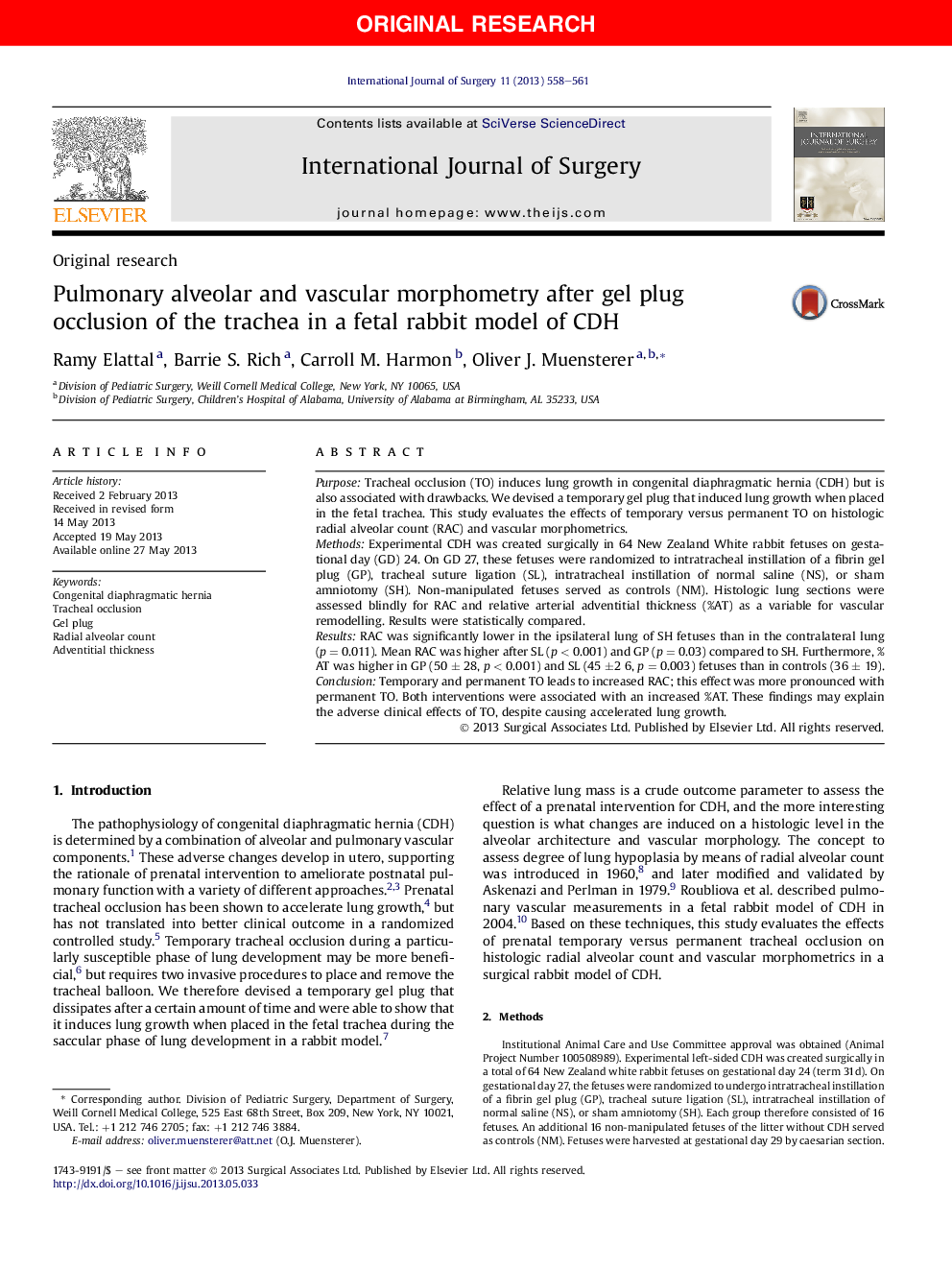 Pulmonary alveolar and vascular morphometry after gel plug occlusion of the trachea in a fetal rabbit model of CDH