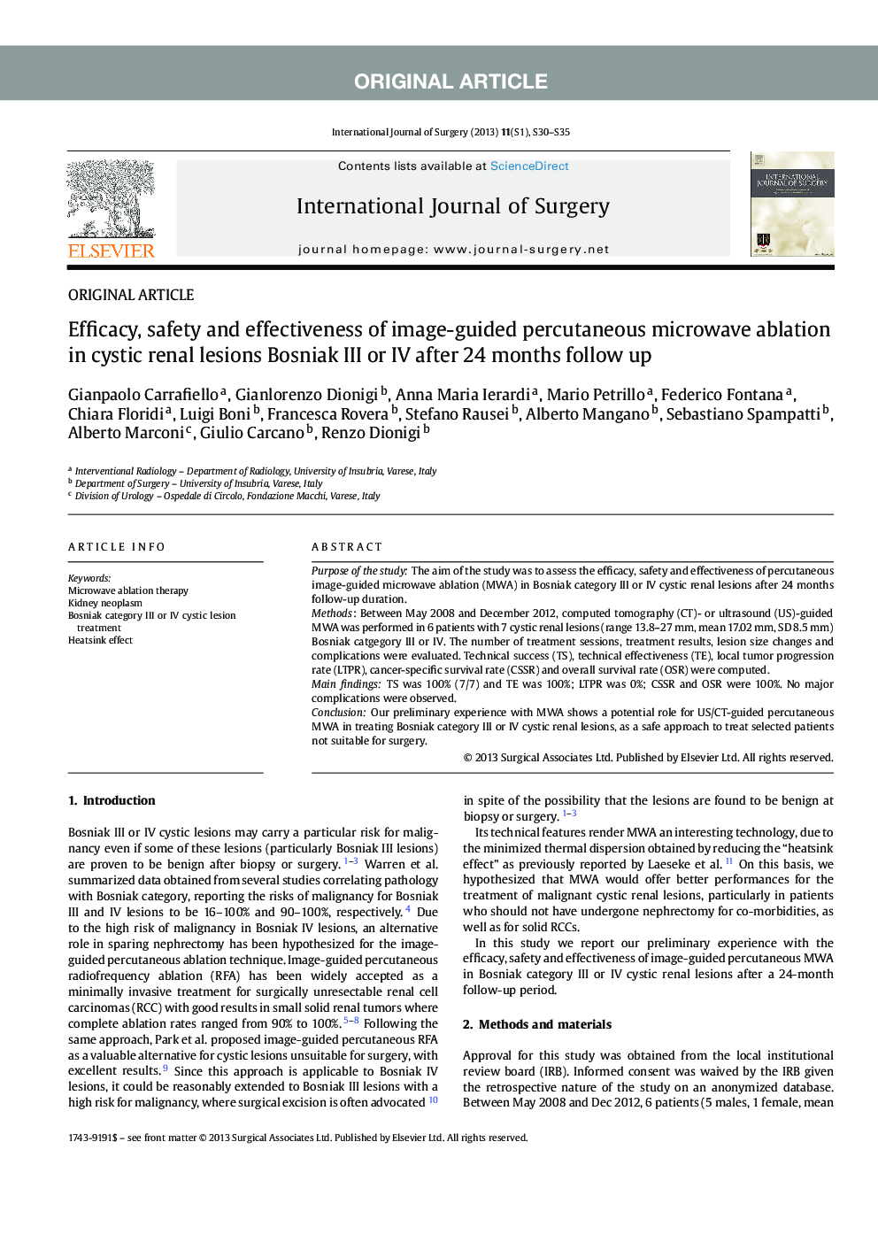 Efficacy, safety and effectiveness of image-guided percutaneous microwave ablation in cystic renal lesions Bosniak III or IV after 24 months follow up