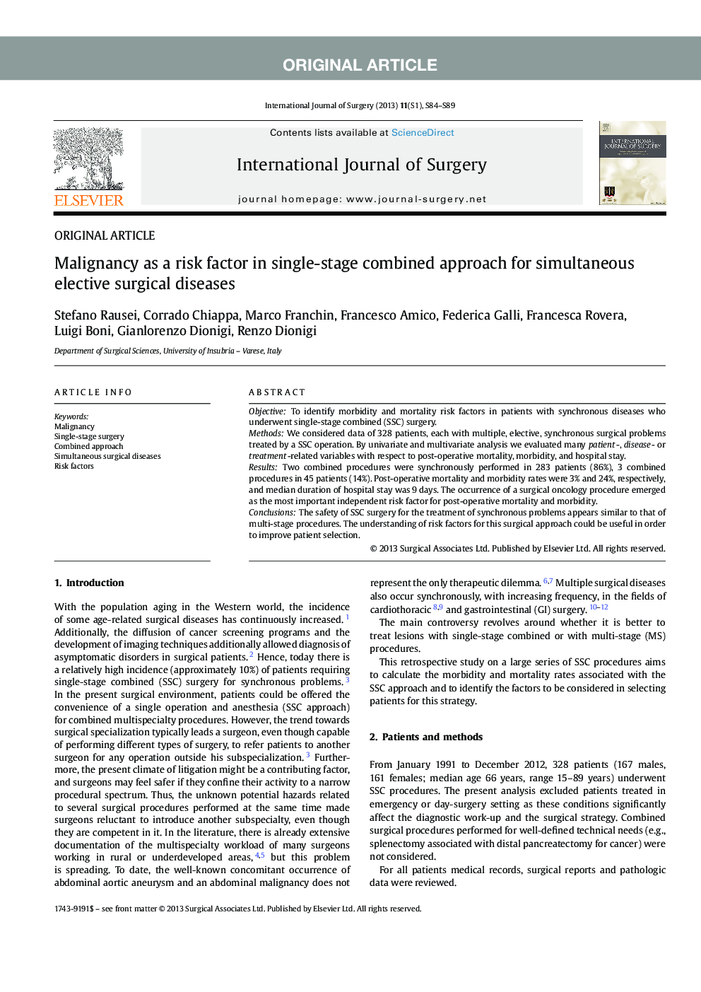 Malignancy as a risk factor in single-stage combined approach for simultaneous elective surgical diseases