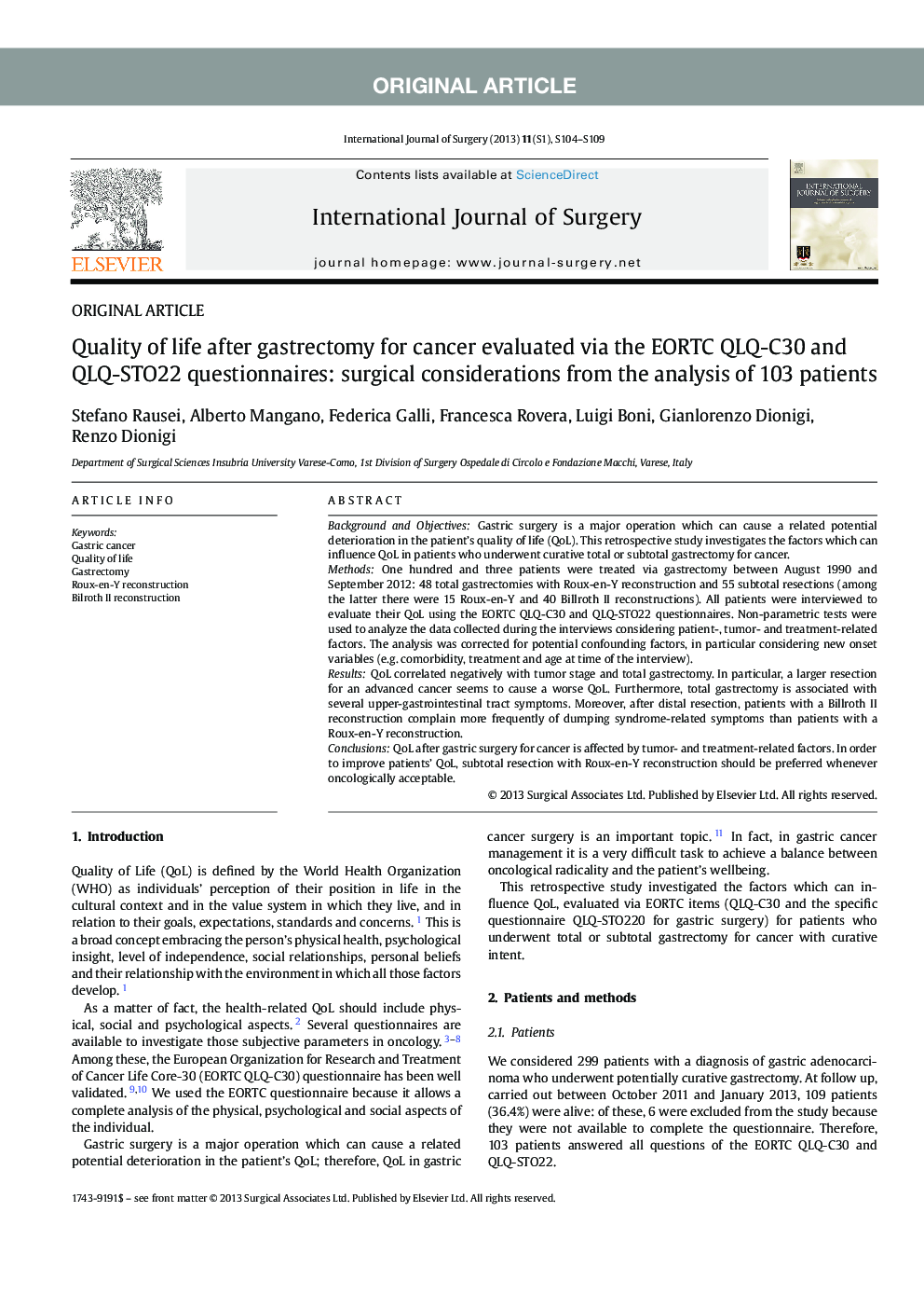 عکس صفحه اول مقاله: Quality of life after gastrectomy for cancer evaluated via the EORTC QLQ-C30 and QLQ-STO22 questionnaires: surgical considerations from the analysis of 103 patients Quality of life after gastrectomy for cancer evaluated via the EORTC QLQ-C30 and QLQ-STO22 questionnaires: surgical considerations from the analysis of 103 patients
