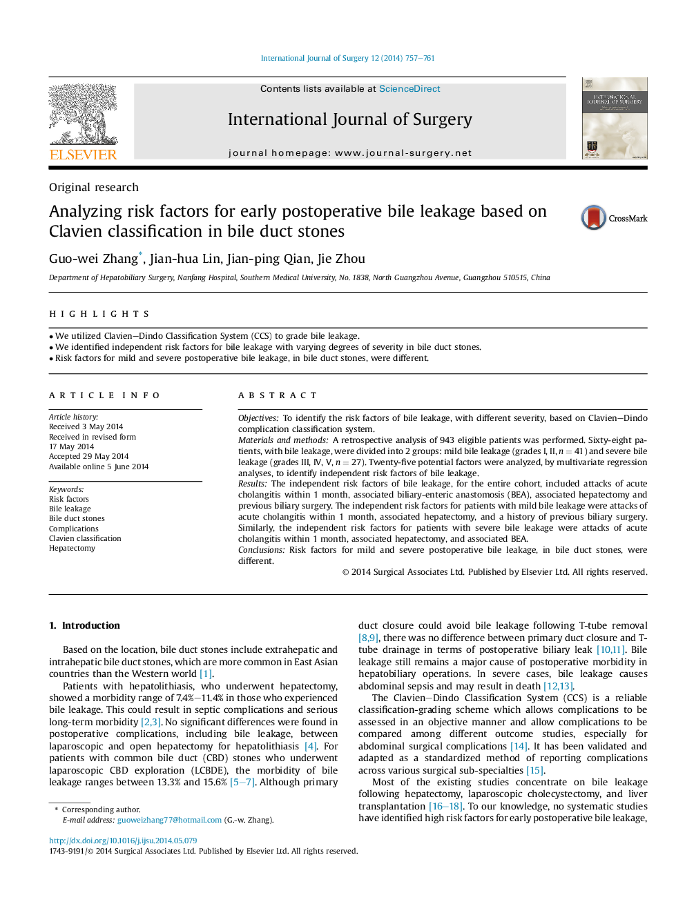 Analyzing risk factors for early postoperative bile leakage based on Clavien classification in bile duct stones