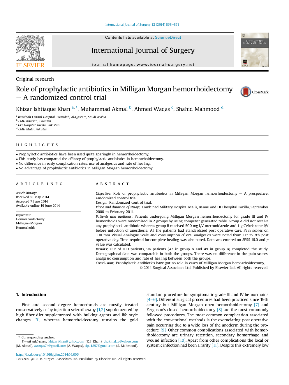 Role of prophylactic antibiotics in Milligan Morgan hemorrhoidectomy – A randomized control trial